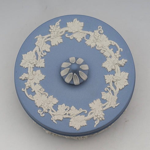 Vintage British Wedgwood Jasperware Round Box for Small Items, Pale Blue